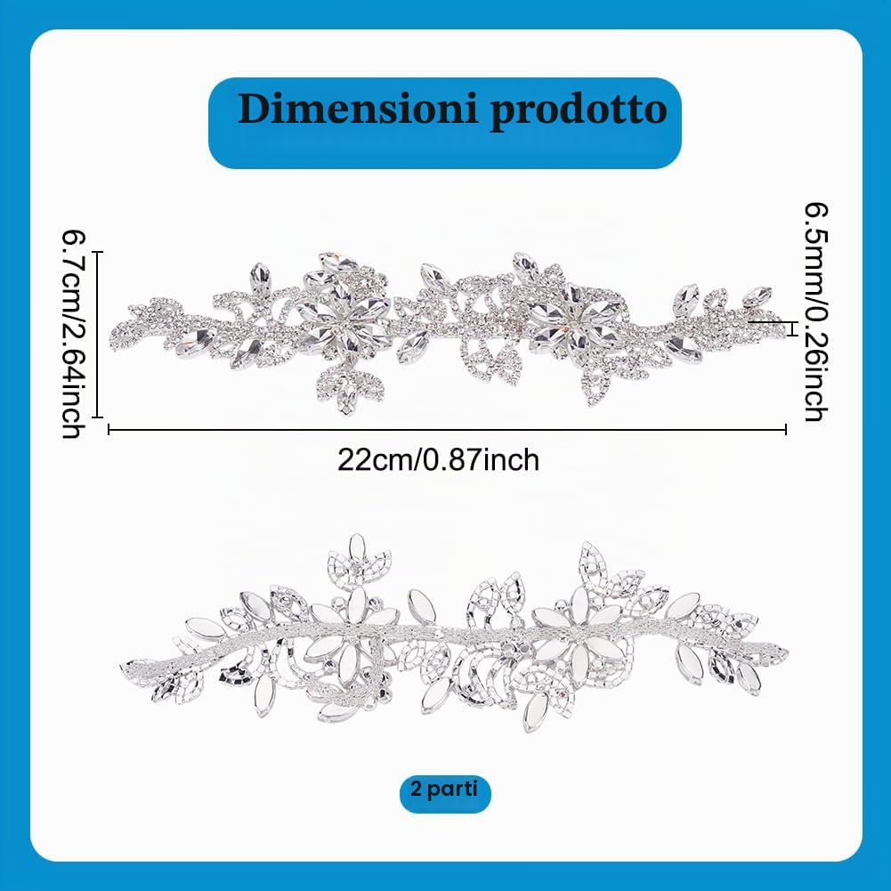 NBEADS 2 Pz. Toppa con Applicazione di Strass Simmetrica, Fiore Ab Crystal Applique Patch Cintura Da Sposa per Abbigliamento Fai Da Te Decorazione Abito Da Sposa, Argento, 22X6.7cm