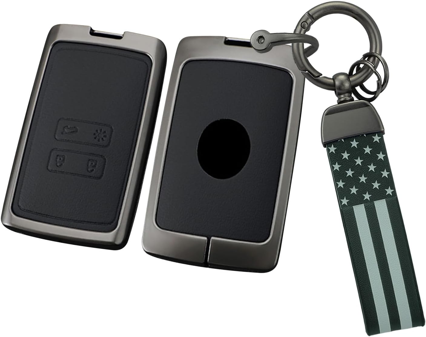 SANRILY Metal & Leather Smart Key Fob Cover Case Fit for Renault Koleos Captur Megane Clio Scenic Talisman Arkana Keyless Key Holder with US Flag Keychain Black