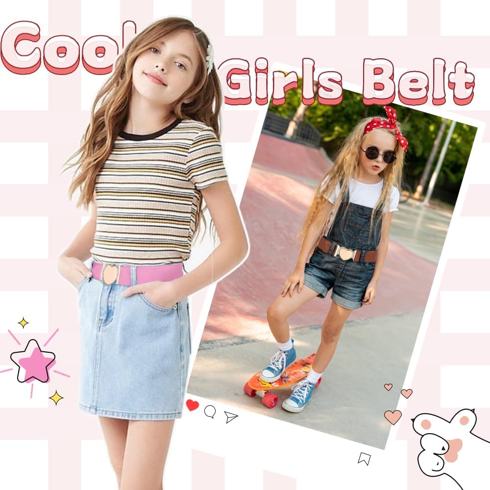 5 Pieces Girls Belt Cute Heart Shape With Metal Buckle Elastic Stretch Adjustable Waist Belt for Girls Jeans Dress