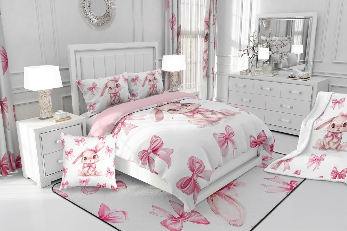 Erosebridal Cute Bow Rabbit Kids Comforter Set Dreamy Princess Bowknot Girls Toddler Bedding Set Pink Kawaii Bow Bedding Comforter Sets Cartoon Animal Quilt Duvet