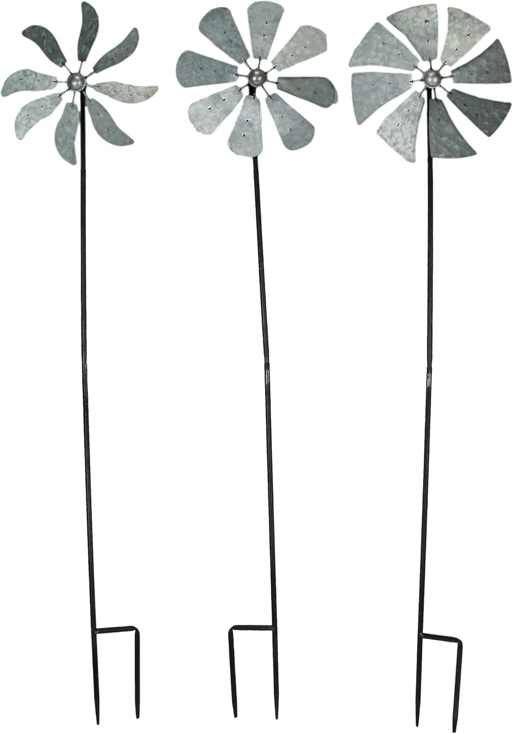 Set of 3 Galvanized Metal Kinetic Wind Spinners - Whimsical Pinwheel Garden Stakes, 21 Inches High, Outdoor Décor Delight - A Mesmerizing Wind-Powered Visual Spectacle