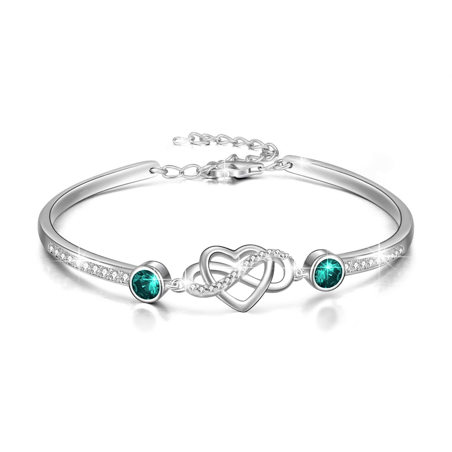 AOBOCO 925 Sterling Silver Infinity Endless Love Heart Birthstone Bangle Bracelet - I Love You Forever Series Adjustable 6-8 in Bracelet with Crystals from Austria Romantic Birthday Jewelry Gift for Women Wife Girlfriend
