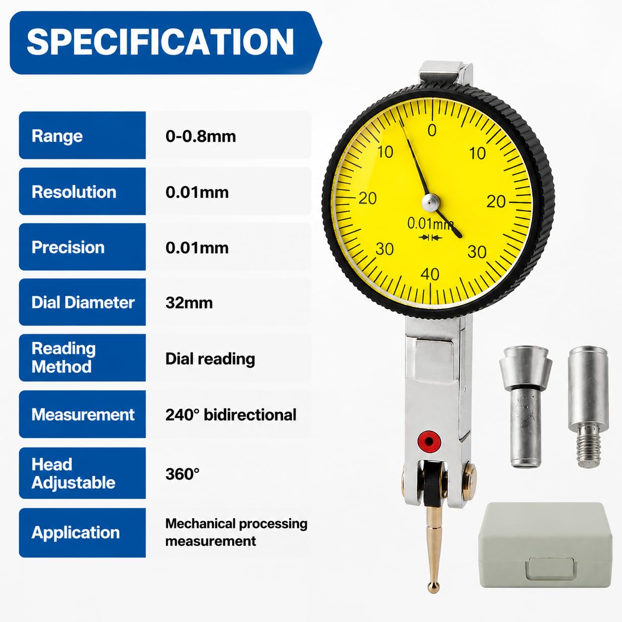 Messuhr 0-0,8 mm, Messuhr Schwalbenschwanzschienen 0,01 mm Zifferblatt, Präzisions Mechanische Messuhrs Industrielle DTI-Messgerät, für die Inspektion der Mechanischen Verarbeitung