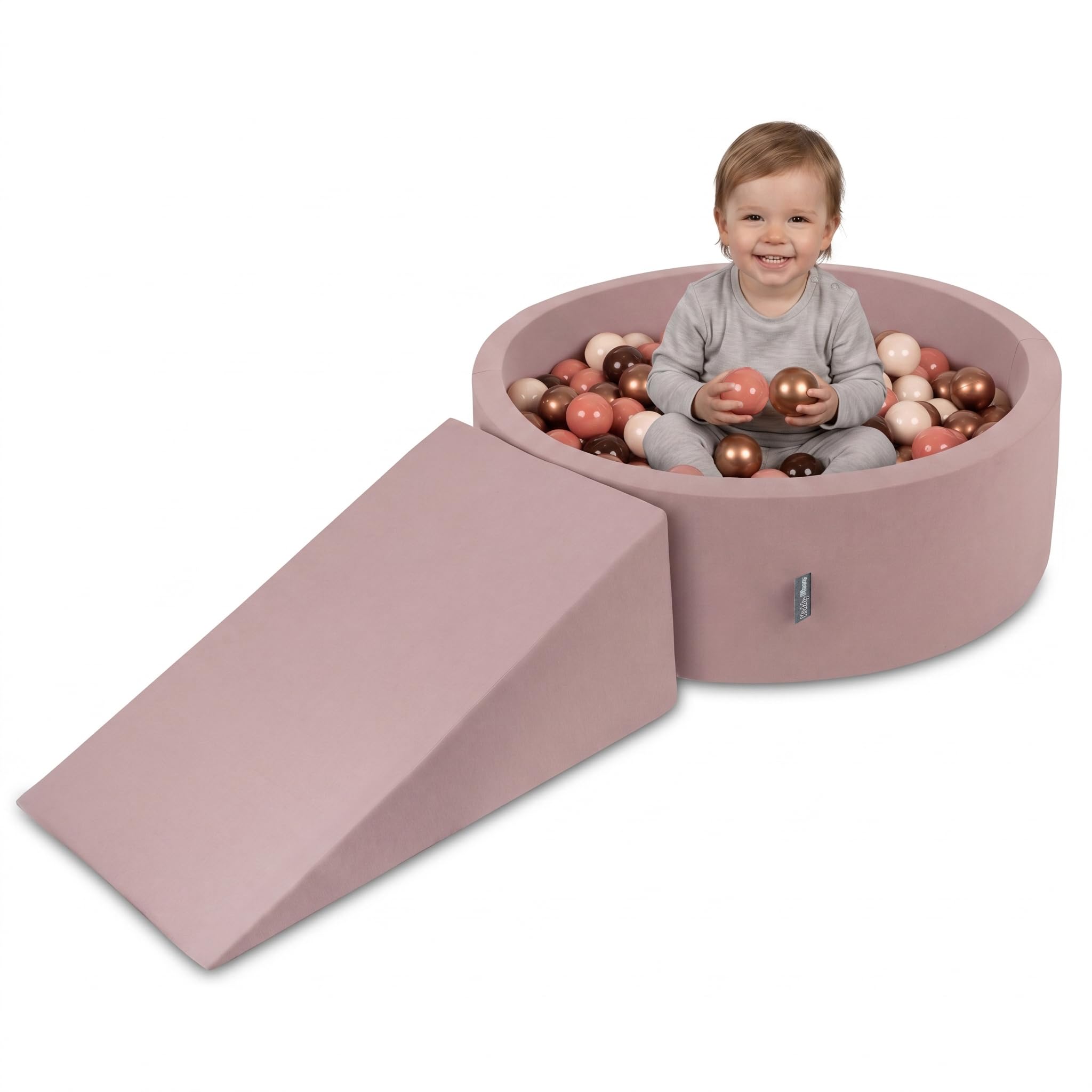 KiddyMoon Spielplatz mit bällebad 90x30cm und Rampe 200 Bälle 7cm Schaumstoff ballgrube für Baby und Kleinkinder - Erikafarben: Braun Kupferrot Pastellbeige Lachsfarben