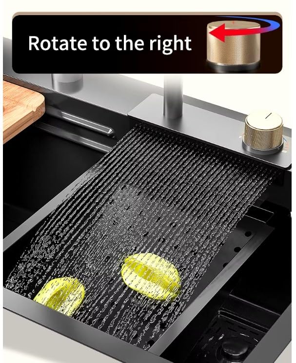 Image of Kitchen sink 24 x 18 x 9 inches Waterfall Kitchen Sink with ANTI SCRATCH HONEYCOMB DESIGN Integrated Waterfall and Pull-down Faucet Set /304 Grade Stainless Steel Sink with Cup washer
