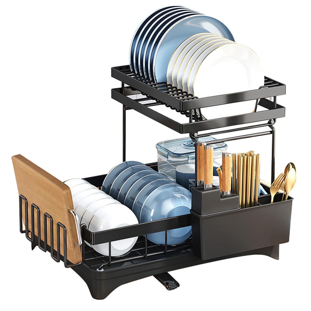 – Supvox® Dish Drying Rack, 2 Tier Dish Racks Carbon Steel, Durable, Rust-Proof, Detachable Large Capacity Dish Drainer Organizer with Cutlery & Removable Cutting Board Holder for Kitchen Counter