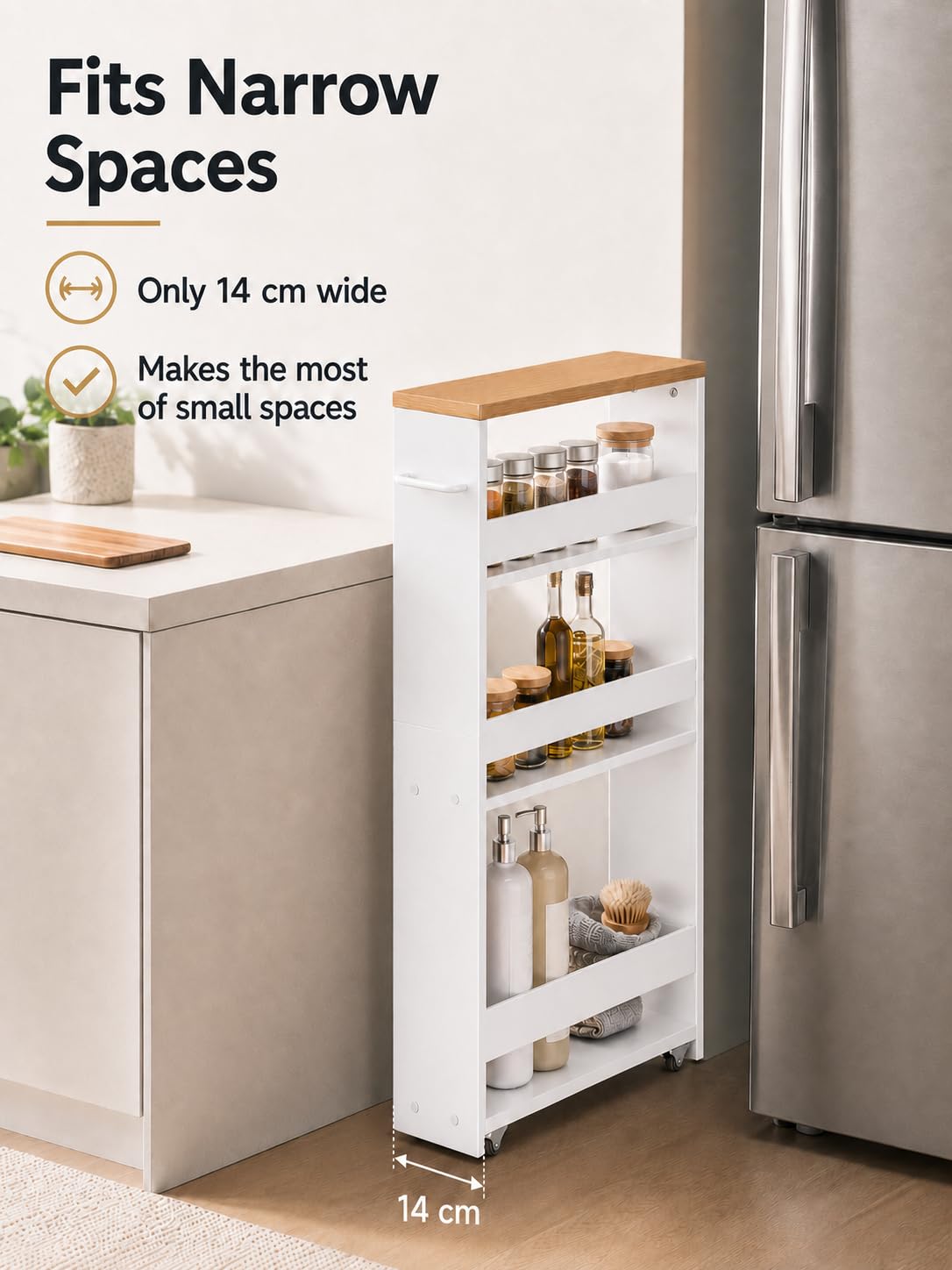 Standregal schmal mit Rollen 2 Stück Weiß 40 x 14 x 80 cm Regal | Schmales Standregal mit 3 Ebenen nutzt kleine Nischen optimal und schafft praktischen Stauraum für Bad Küche Haushalt