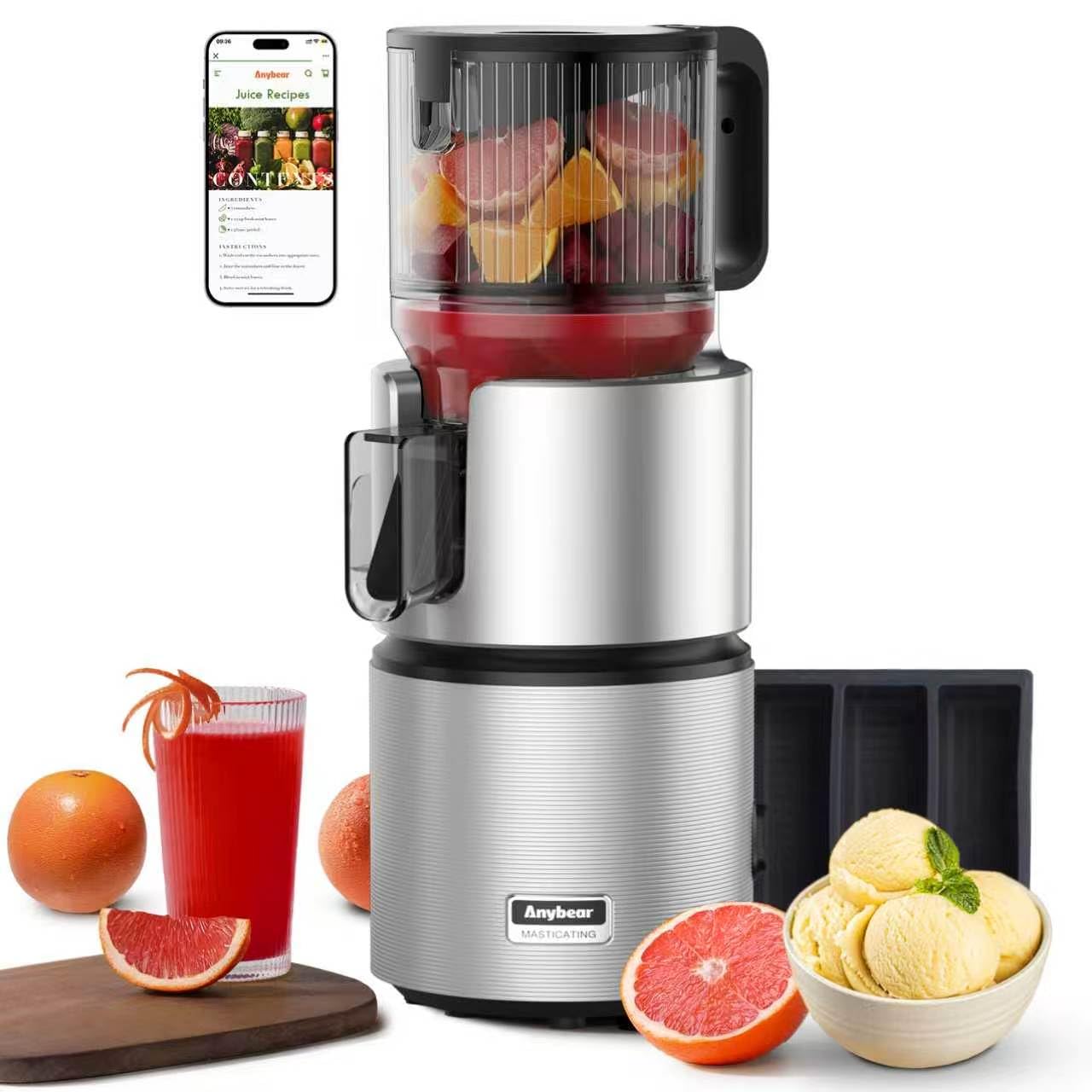 Anybear 350W Kaltpress-Entsafter für Saft, Sorbet & Nussmilch, Silber | 124mm Einfüllstutzen f. Obst & Gemüse, Dual Slow-Squeeze, Hochmomentmotor, BPA-frei Tritan, 3-Step-Clean, 5 J. Garantie.