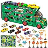 coches de juguetes dibujos animados Camiones Grandes de Juguete: incluye 1 camión grande, 8 juguetes de mini autos de carreras, 12 dinosaurios, 6 señales de tráfico y tapete de juego.