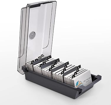 Business Card Organiser Box for 500 Cards with Dividers, AZ Index Tabs and Translucent Teal Lid