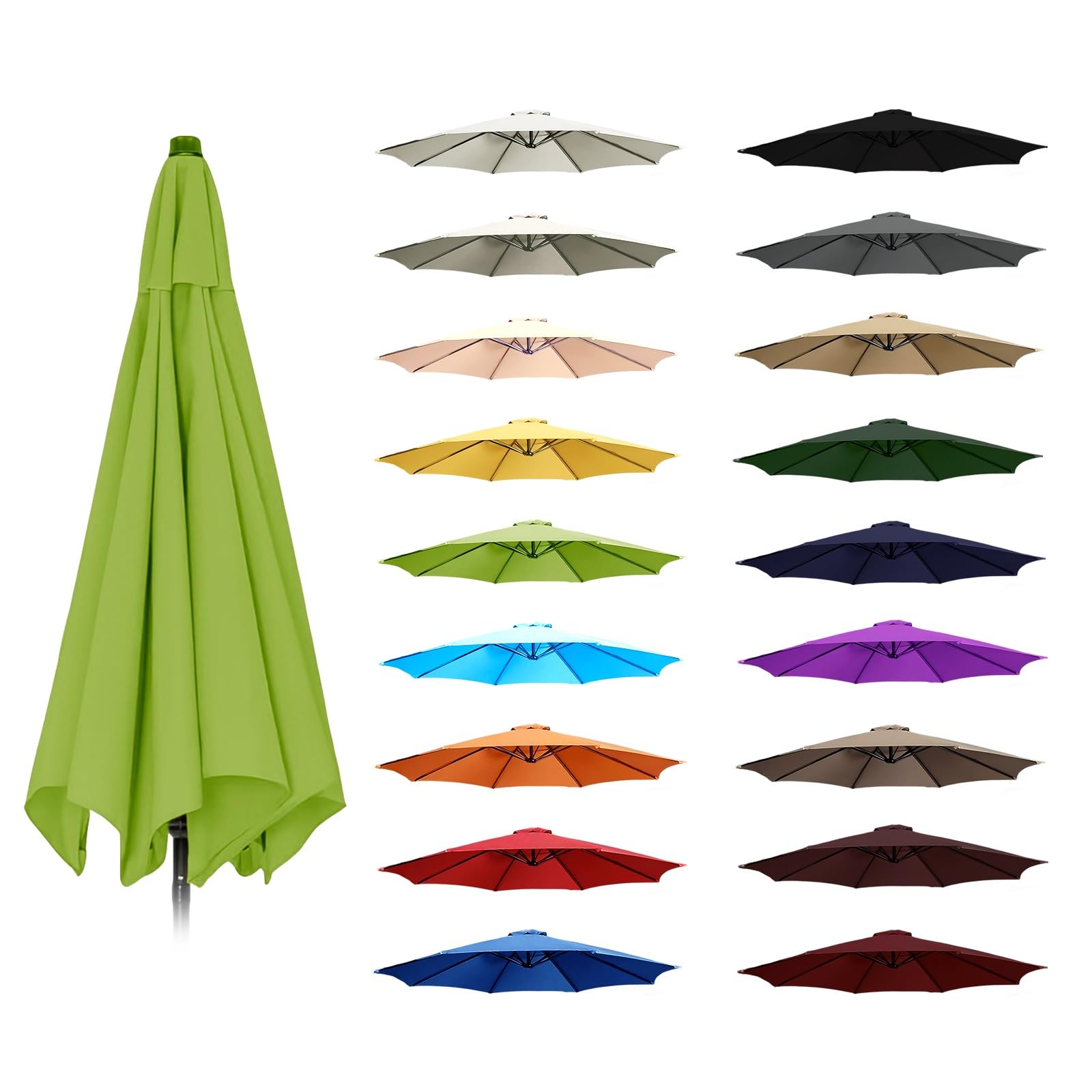 6.5ft To 11.5ft Thick Polyester Umbrella Replacement Canopy Fade Tear Resistant Reinforced Rib Pocket Top Vent Sunproof 6&8 Rib Patio Garden Parasol Top Multi Color Grass green 7.5FT/2.30M-8Ribs