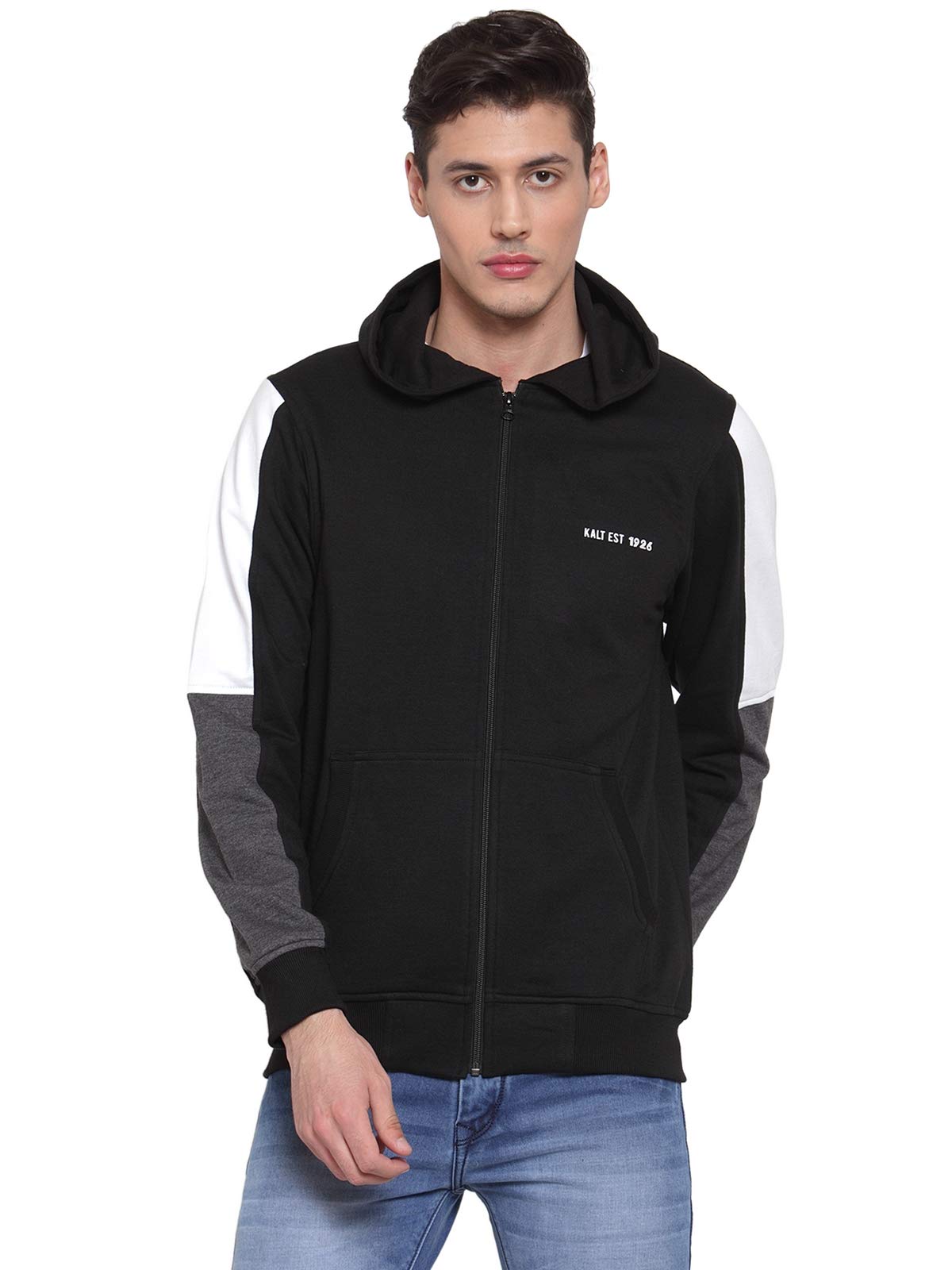 KaltMen's Full Sleeves Zipper Fleece Hoodie(Black)