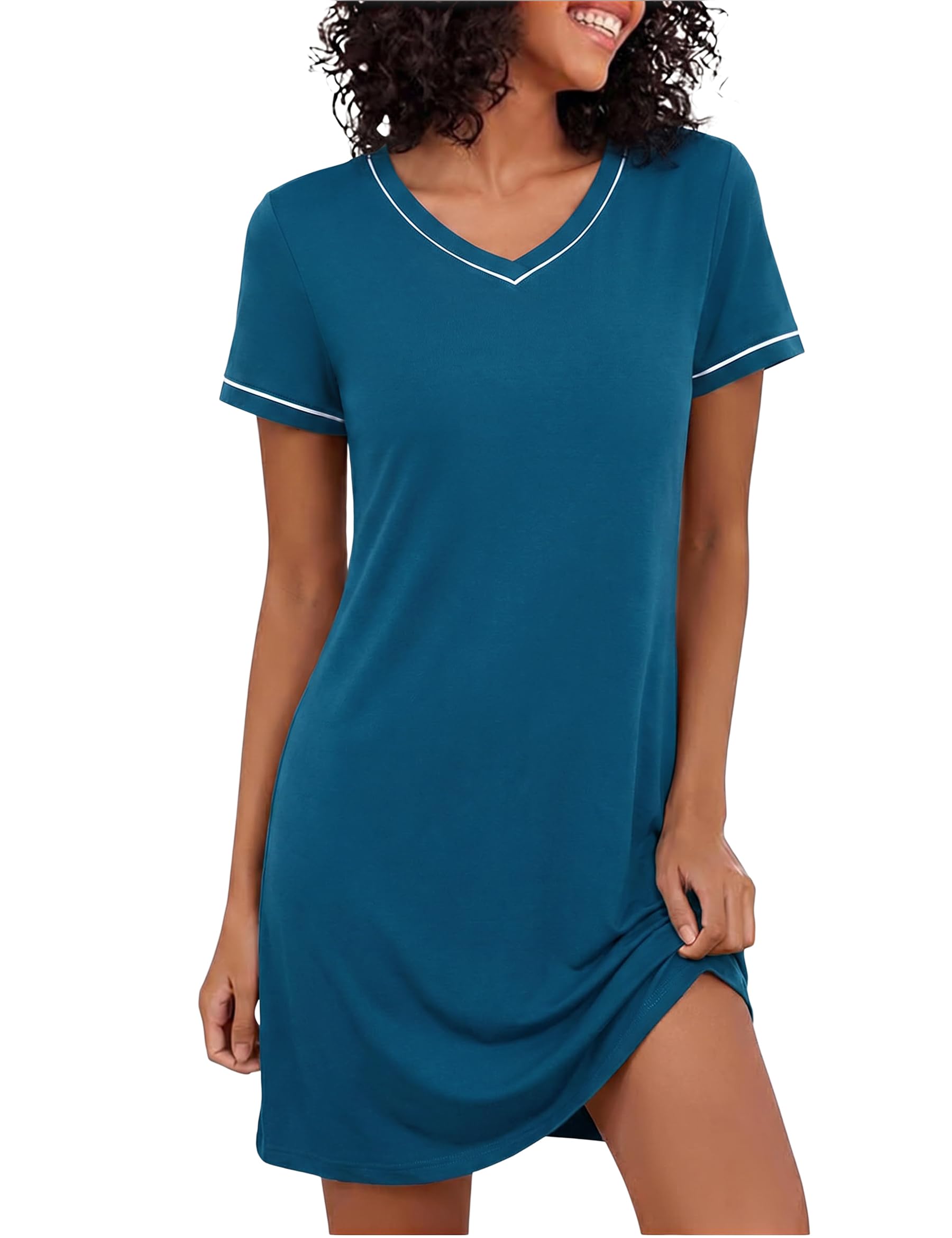 Marvmys Nachthemd Damen Kurzarm Sommer Nachtkleid Leichtes Atmungsaktives Sleepshirt mit V-Ausschnitt Schlafhemd Bequeme Loungewear Hauskleid Große Größen S-3XL
