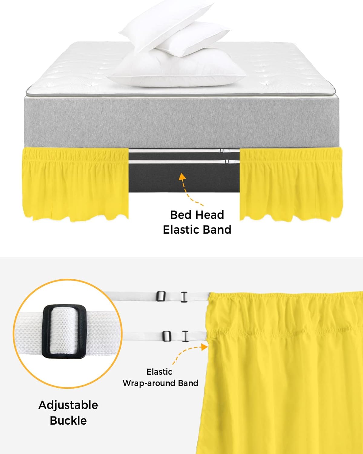 Yellow Bed Skirt Queen Size 16 Inch Drop, Adjustable Elastic Bedskirt Dust Ruffle for Queen Bed, Pure Yellow Wrap Around Bed Skirts Luxurious Pleated Bed Frame Cover