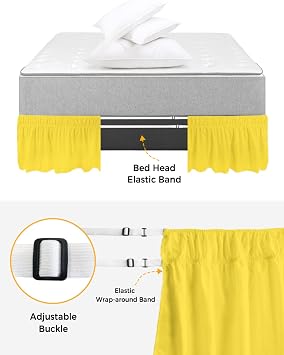 Yellow Bed Skirt King Size 18 Inch Drop, Adjustable Elastic Bedskirt Dust Ruffle for King Size Bed, Pure Yellow Wrap Around Bed Skirts Luxurious Pleated Bed Frame Cover