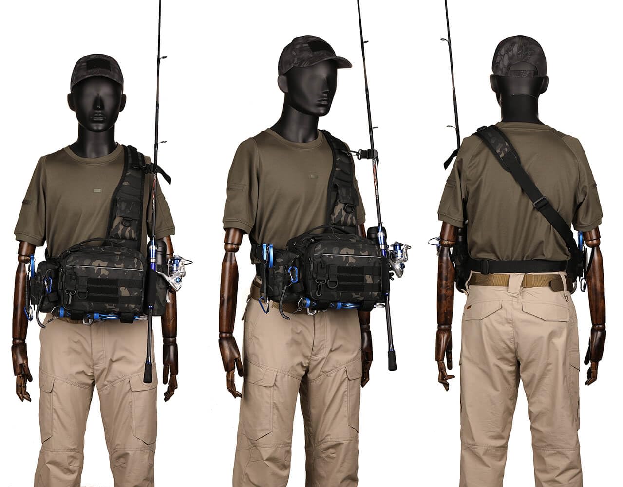YuanWen Taktische Angelausrüstungstasche, multifunktional, langlebig, wasserabweisend, Taillen- und Crossbody-Tasche mit Rutenhalter und MOLLE-System für Outdoor-Angeln, Wandern und Reisen, camouflage