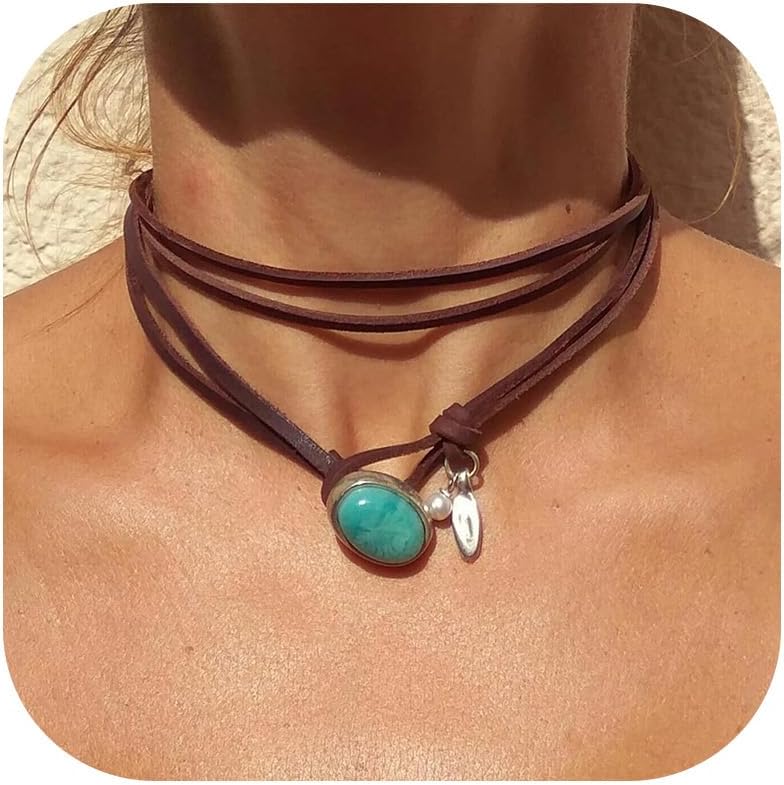 Long tiantianBoho Necklaces for Women Country Concert Outfits Black Choker Necklaces Trendy Long Necklaces Western Bohemian Jewelry Brown Suede Wrap Leather Necklace Halloween Renaissance Costume Women 2024