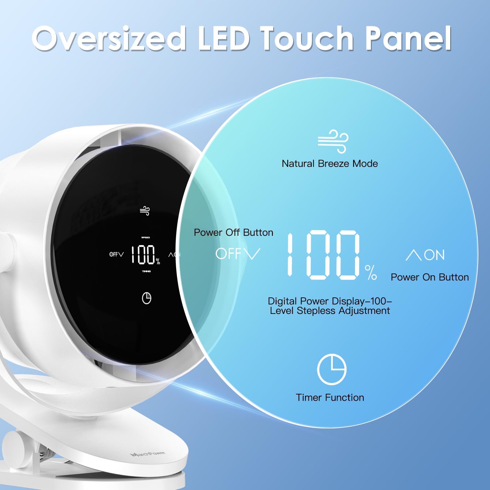 Marchpower Mini Ventilador de Mesa 100 Velocidades USB Ventilador Silencioso Portatil LED Pantalla 3 en 1 Potente Pinza Rotación de 360°con Clip Recargable para Oficina Sport Hogar Camping