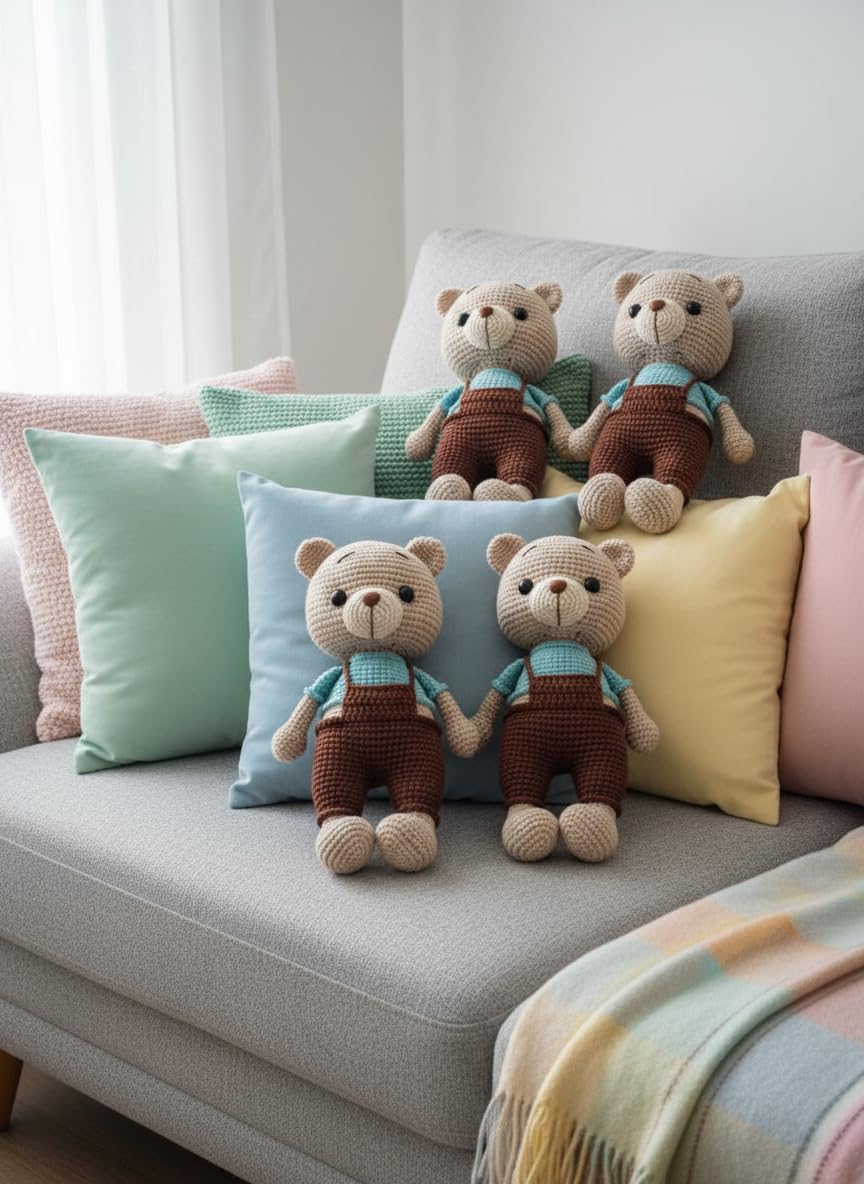Handmade Knitted Teddy Bear Plush –Soft Cotton Stuffed Toy, Perfect, Cute Nursery Decor (9 Inches,Blue Clothes,1PC)