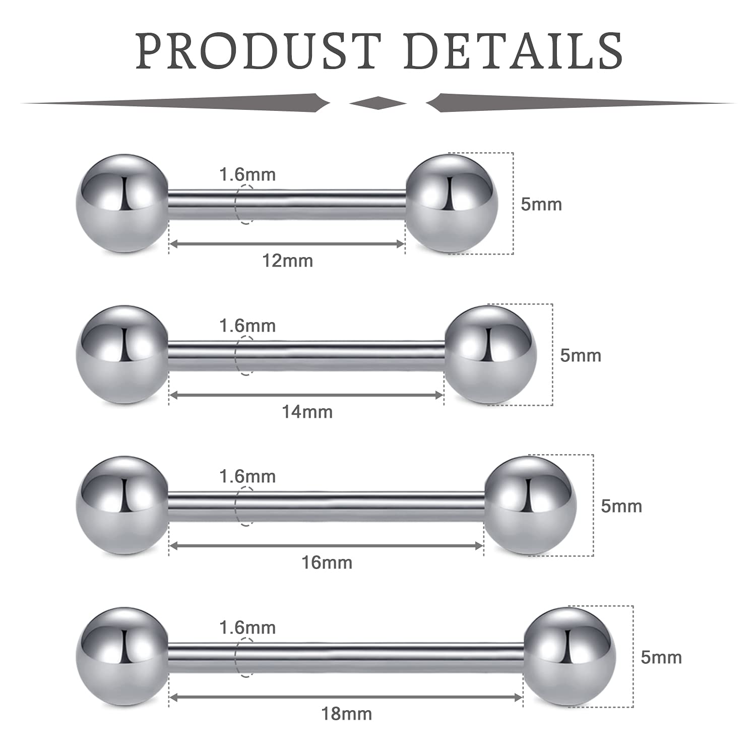 FECTAS 5 unids 14 G Acero quirúrgico pezón Piercing Lengua Bar Set Body Piercing Joyería 12/14/16/18mm