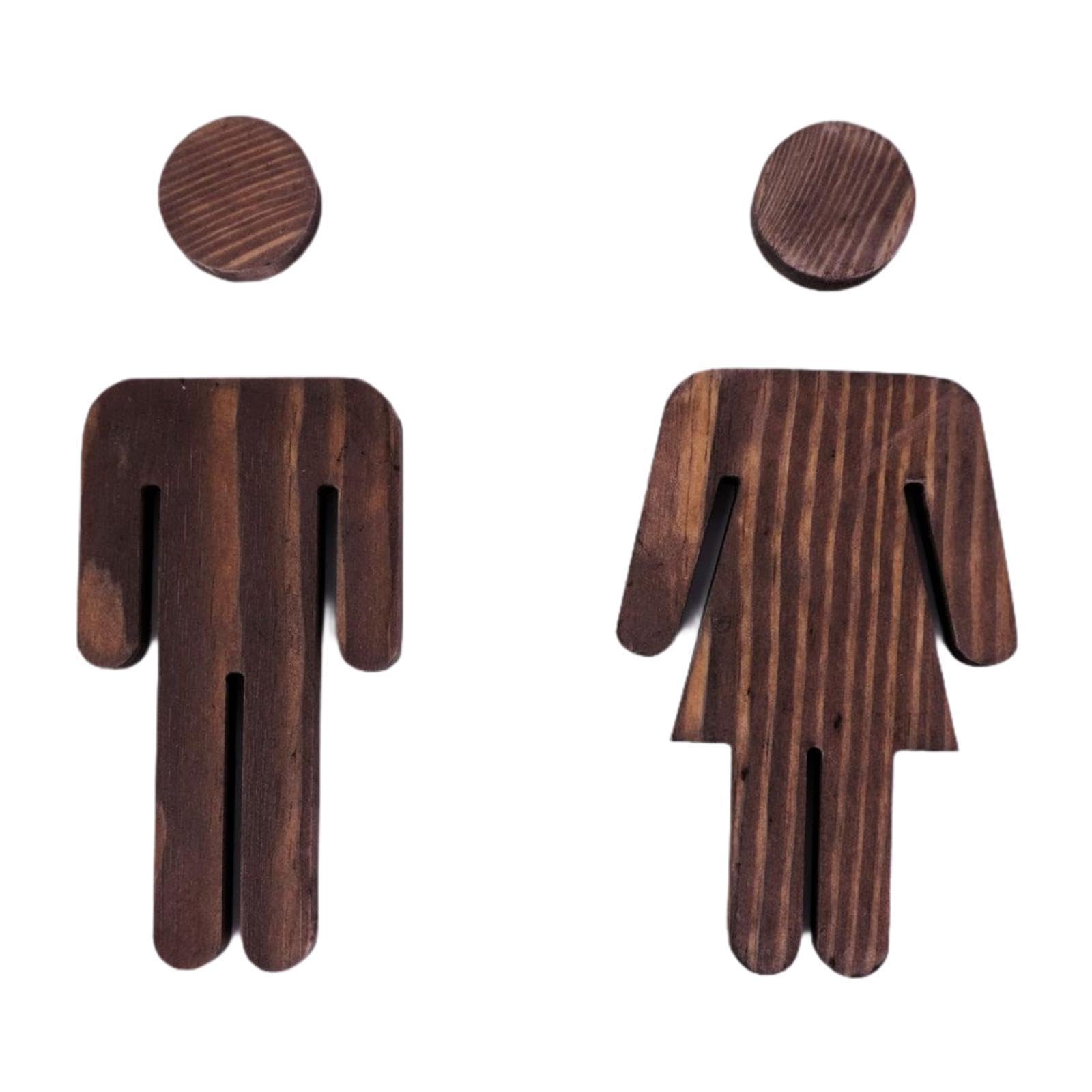 Qianly 2x Wooden Bathroom Sign Door Sign Gender Indicator Cute Bathroom Decorations Wall Sticker Decor for Window/closet Home Office, Brown, 13cm and 12.7cm