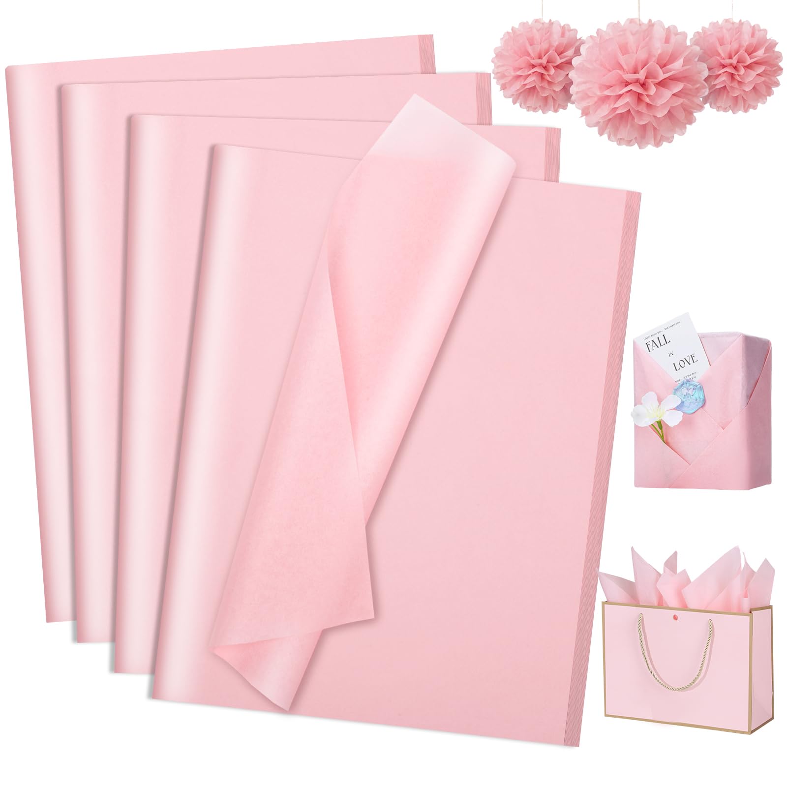 Lot de 160 feuilles de papier de soie pour sacs cadeaux, 50,8 x 35,6 cm, rose