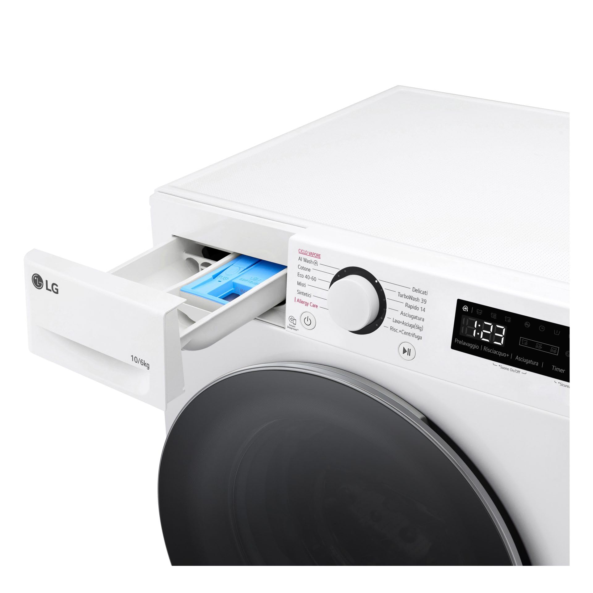 LG AI DD D4R5010TSWS Lave-sécheuse 10/6 kg Série R5 Classe D, Machine à laver et sèche-linge ensemble, 1400 tours, TurboWash360, Lavage à vapeur, Eco Hybrid, Allergy Care, Moteur Inverter Direct