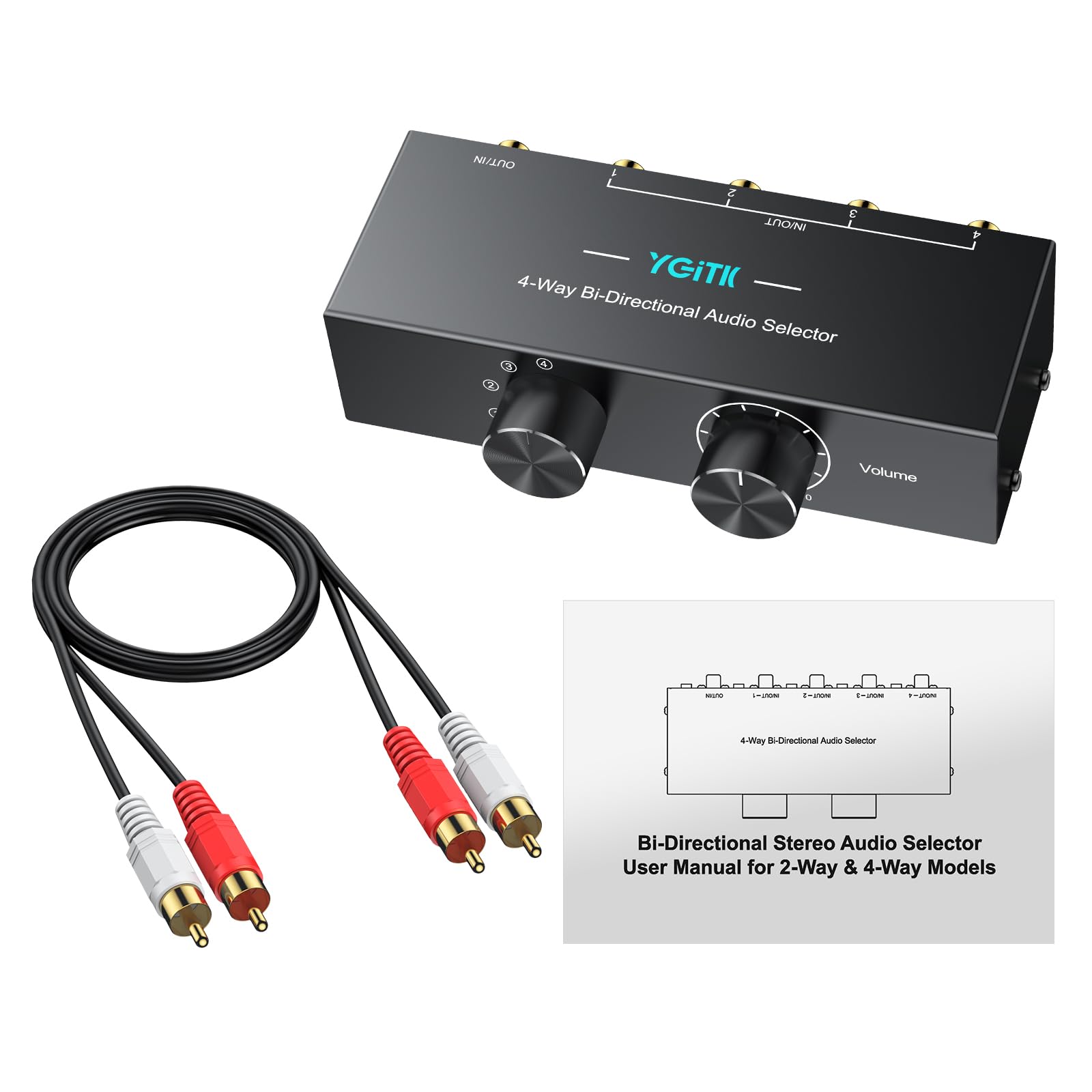 4(1) In-1(4) Out Bi-Direktionaler Stereo Audio Schalter 3,5mm AUX | RCA L/R Audio Umschaltbox, Passiv Audio-Splitter für Lautsprecher, Kopfhörer, Verstärker, CD-Player uzw