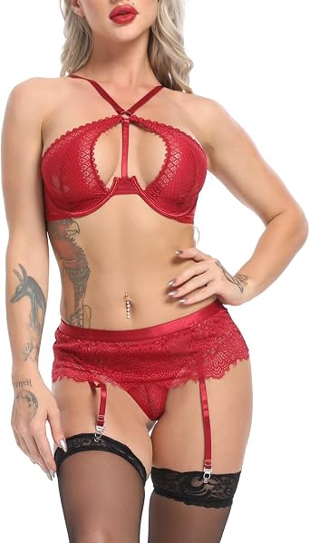 Women Lingere Garter Set Strappy Bra and Panty Sexy Sets Lace Bodysuit Sleepwear