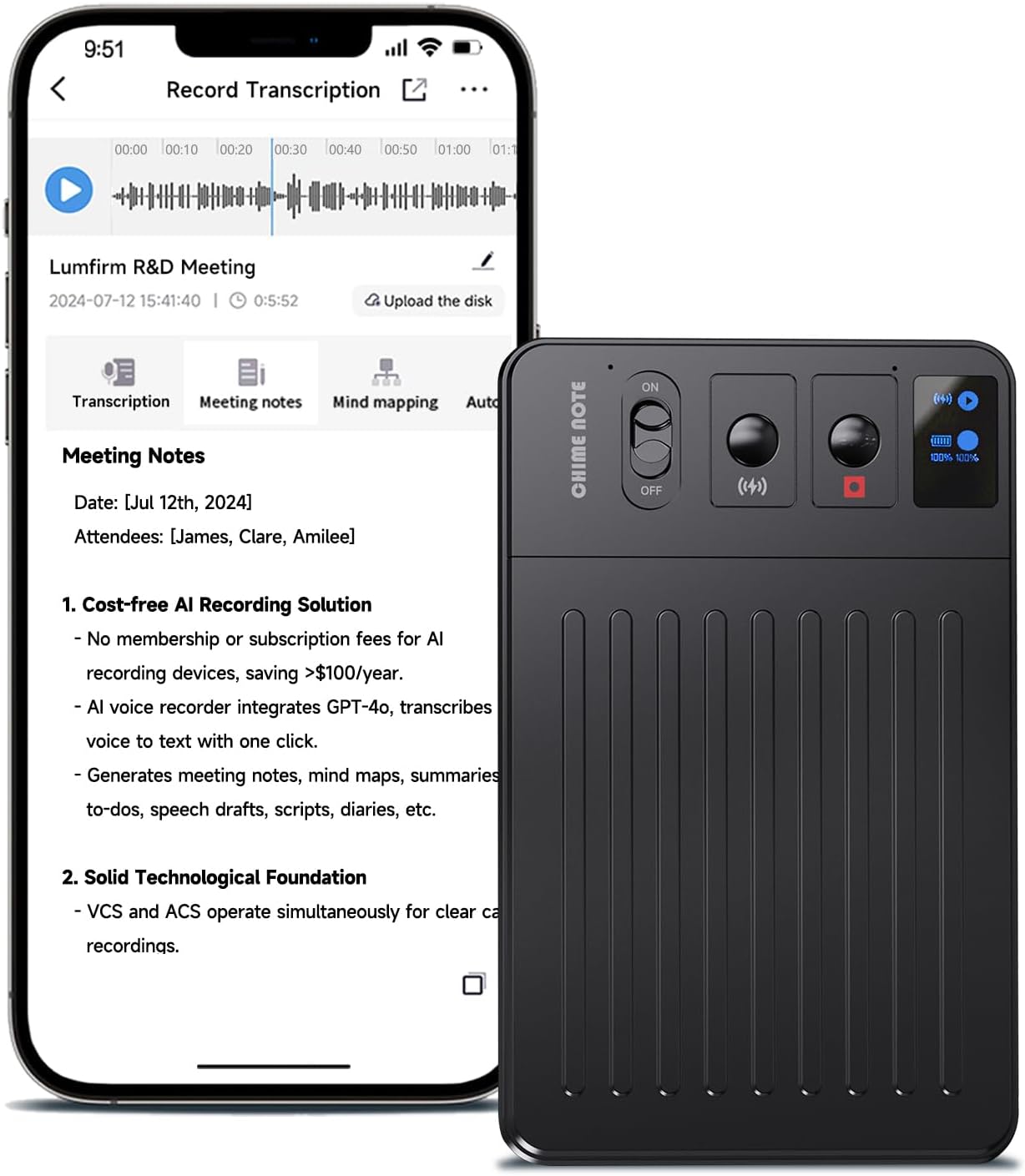 AI Voice Recorder, No Fee for Transcribe & Summarize, Empowered by ChatGPT, App Control Recording Device, Support 107 Languages, 64GB Memory, Audio Recorders for Lectures, Meetings, Calls