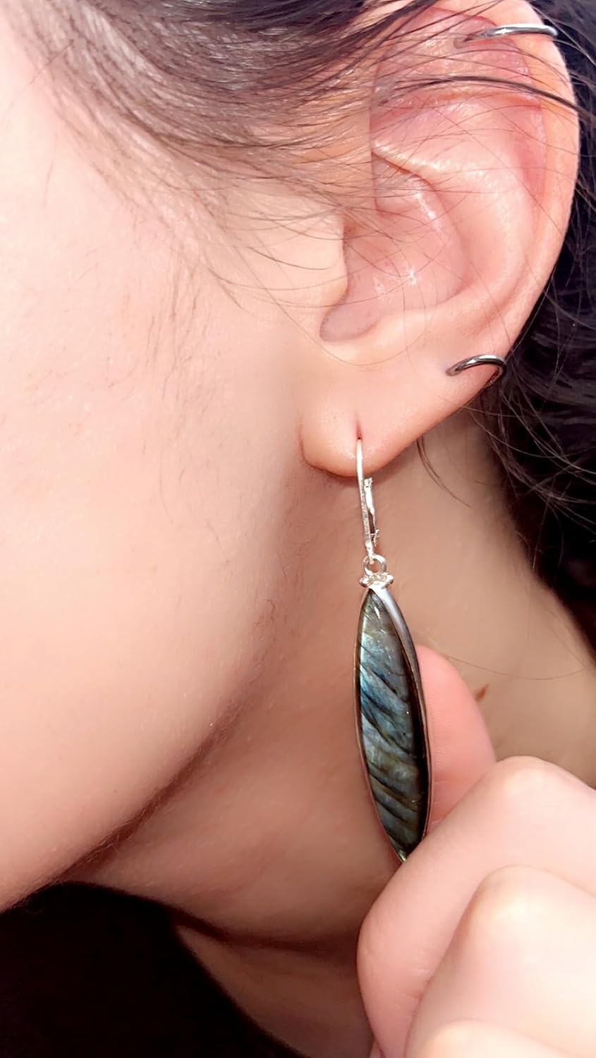 Natural Stabilized Copper Infused Turquoise Malachite Labradorite Sterling Silver Plated Earrings - Marquise Shaped Dangle & Drop Leverback Earrings For Women