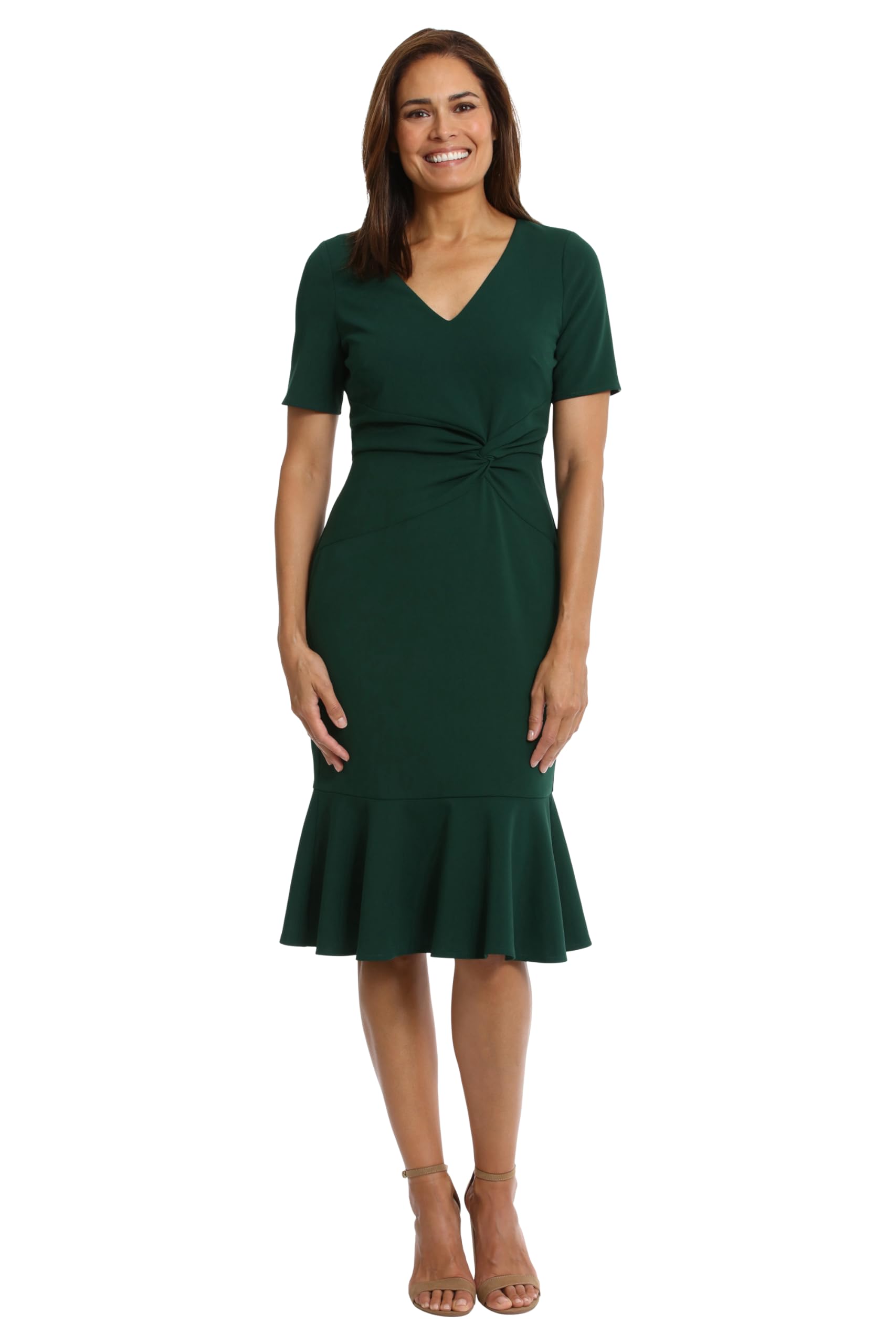 London Times Women's V-Neck Dress - Flounce Hem, Twist Waist, Elegant Office &amp; Event Wear