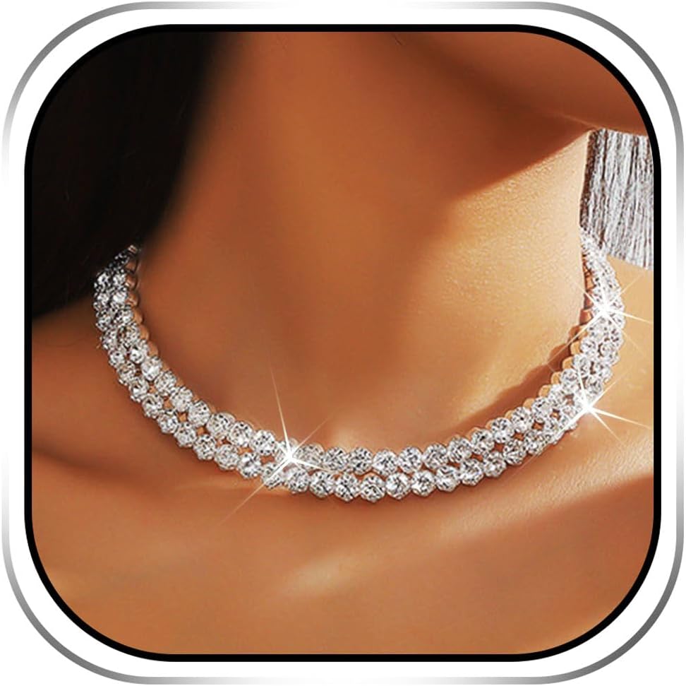 JONKY Rhinestone Choker Necklace Silver Diamond Crystal Jewelry for Women