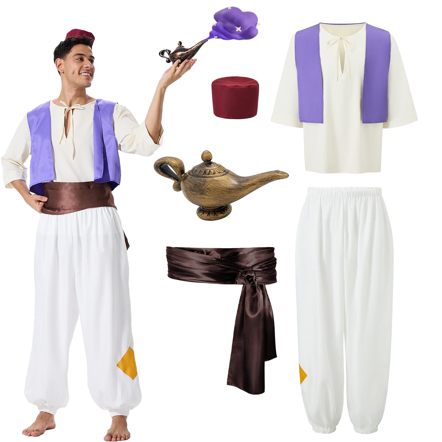 Aladdin Kostüm Herren, Aladdin Kostüm Set mit Disfraz Aladino Adulto, Disfraz Aladino Lampara Hombre con Lampara, Chaleco, Sombreros,Pantalones, Camisas, Correa Disfraz Principe Arabe Hombre