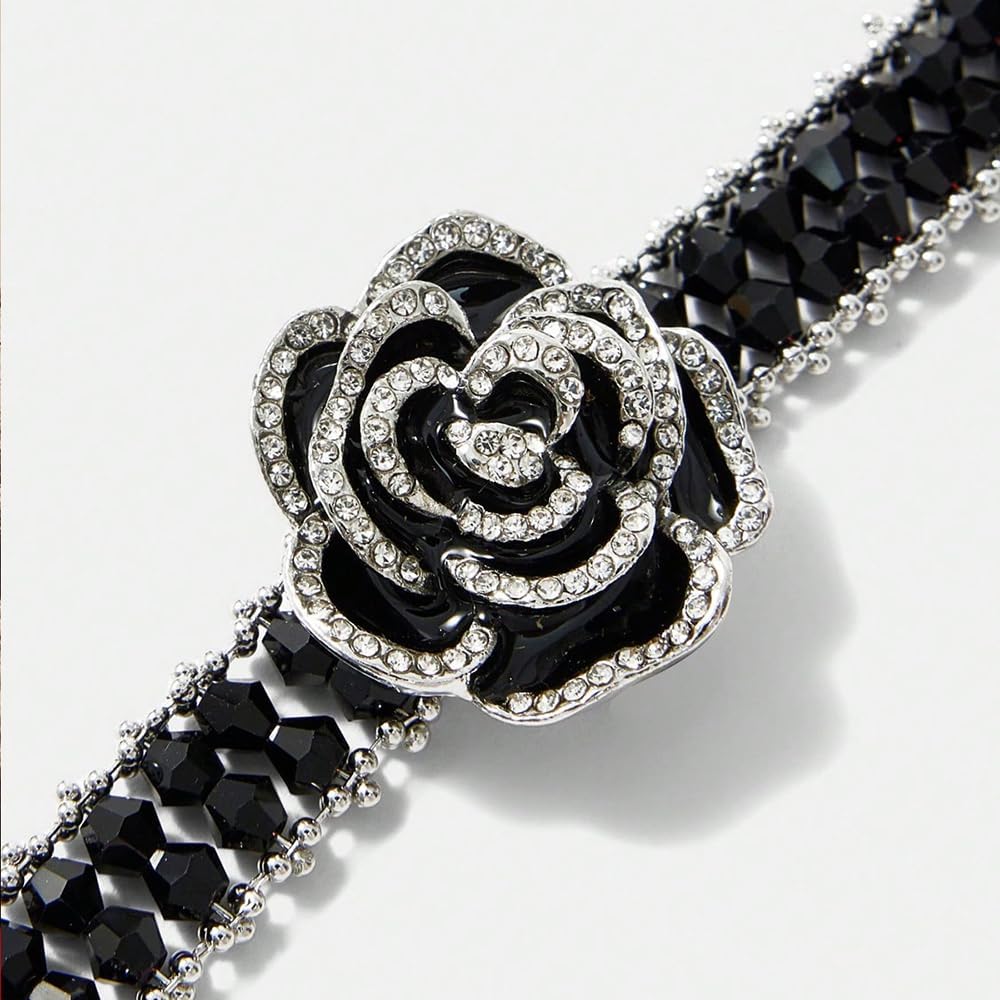 Camellia Flower Bracelet for Women Elegant Crystal Beaded Rose Floral Bracelets Vintage Adjustable Cubic Zirconia Bangle Dainty Romantic Jewelry for Girlfriend Valentine Anniversary Cocktail Accessory