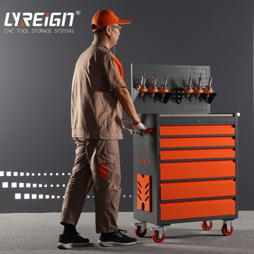 A person pushing the CNC tool cart in a workshop