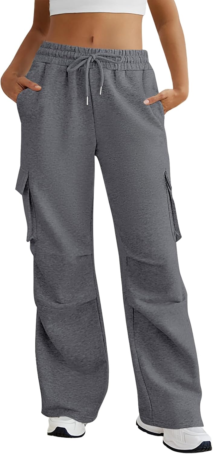 Wide Leg Cargo Sweatpants Women Drawstring High Waisted Baggy Sweat Pants Stretchy Cotton Pants with Pockets