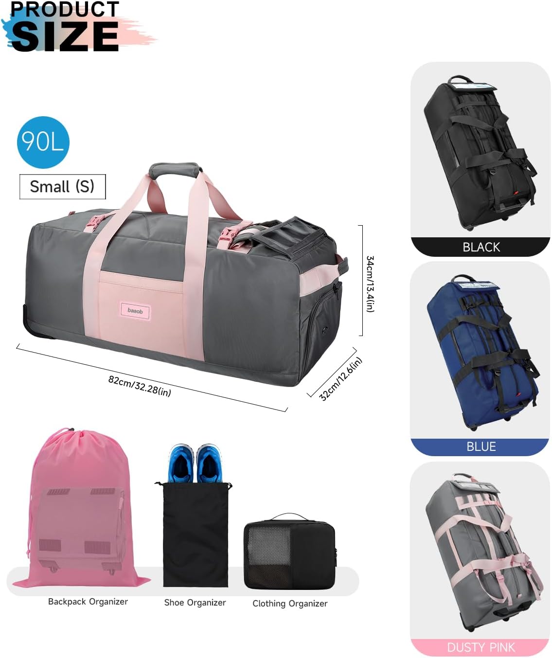 Foldable 90L Rolling Duffle Bag with Wheels | Travel Wheeled Duffle Bag with Backpack Straps, Shoes Compartment Waterproof Bag for Gym, Weekend & Overnight Trips | Includes 3 Packing Cubes