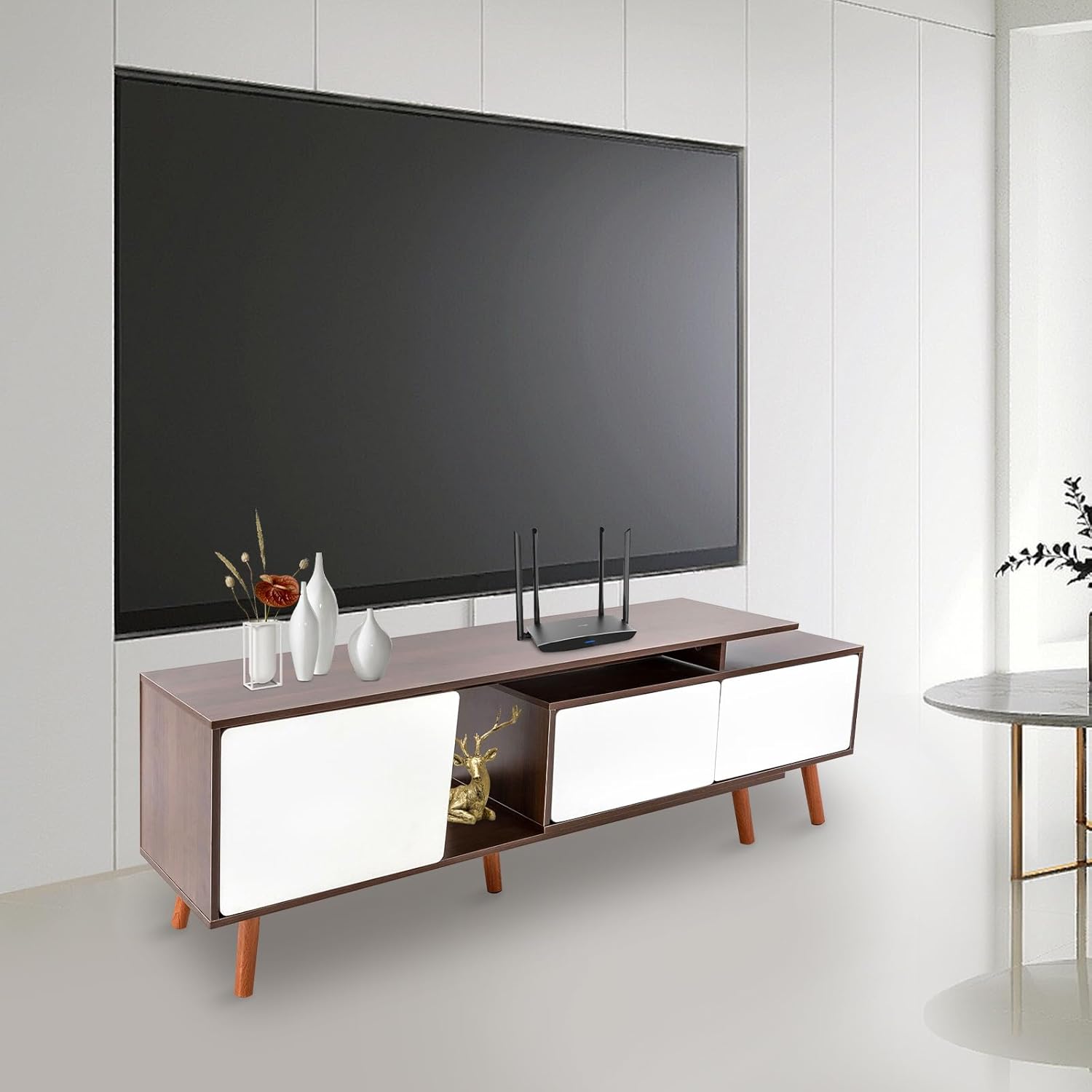 3 Compartments TV Stand, Retangular Adjustable Solid Wood Entertainment Side MDF Storage Cabinet for Store Media, Books Furniture Organizer Placed in The Living Room, Bedroom