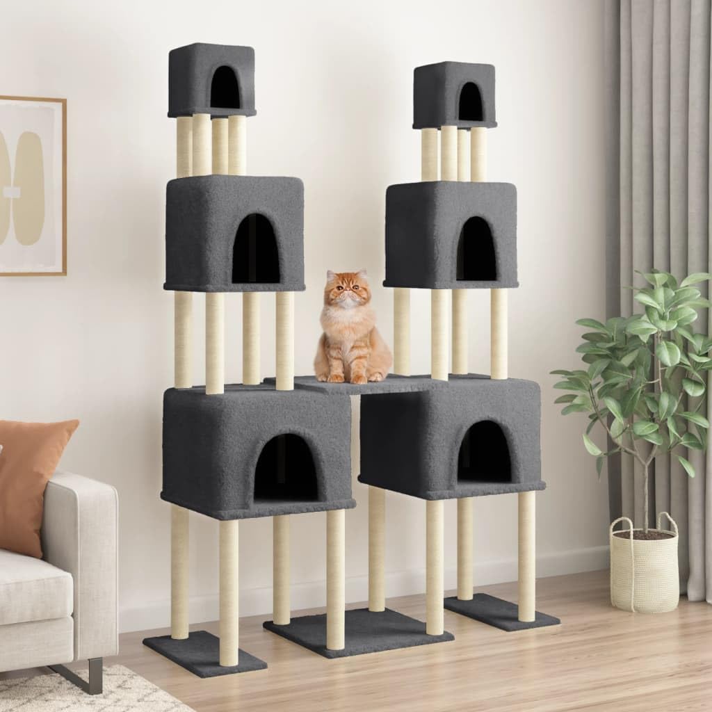 Kratzbaum 199cm hoch mit 6 Höhlen & Sisalstämmen Dunkelgrau | Kletterturm fürs Wohnzimmer mit Liegemöglichkeit aus Holzwerkstoff und Plüsch für aktive Katzen.