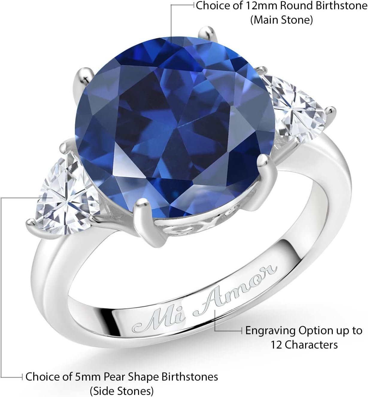 Gem Stone King Customized Personalized Engraved 3-Stone Ring For Women | 925 Silver | 12MM Round | 5MM Trillion | Gemstone Birthstone | Wedding Engagement Anniversary Promise Ring For Women