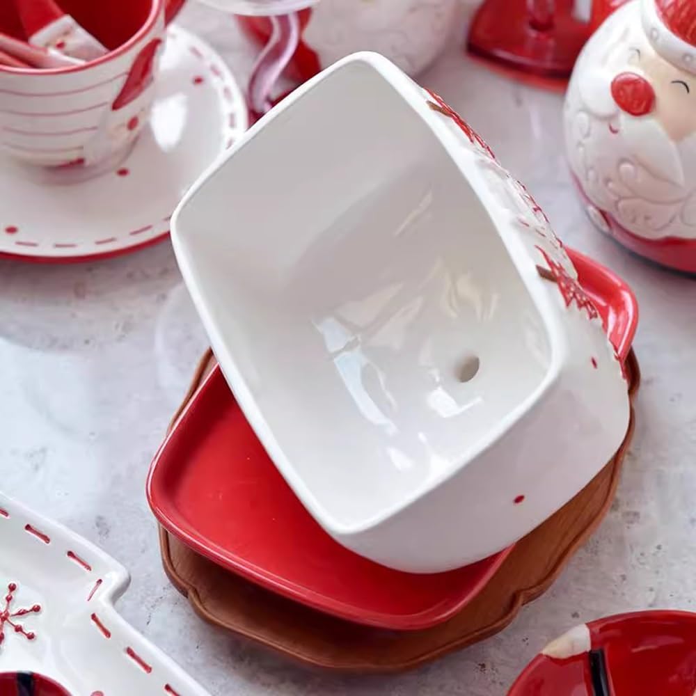 Butter Dishes Christmas Butter Dish with Lid, Creative Ceramic Dish, Small Tray, Dessert Dish, Underglaze Colored Square Ornament Butter Storage