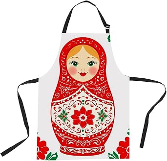 Mugod Babushka Funny Apron Russian Wooden Nesting Doll Decorated with Painted Flowers Adjustable Neck Kitchen Apron for Men Women Cooking Baking BBQ Grilling 27"x31"