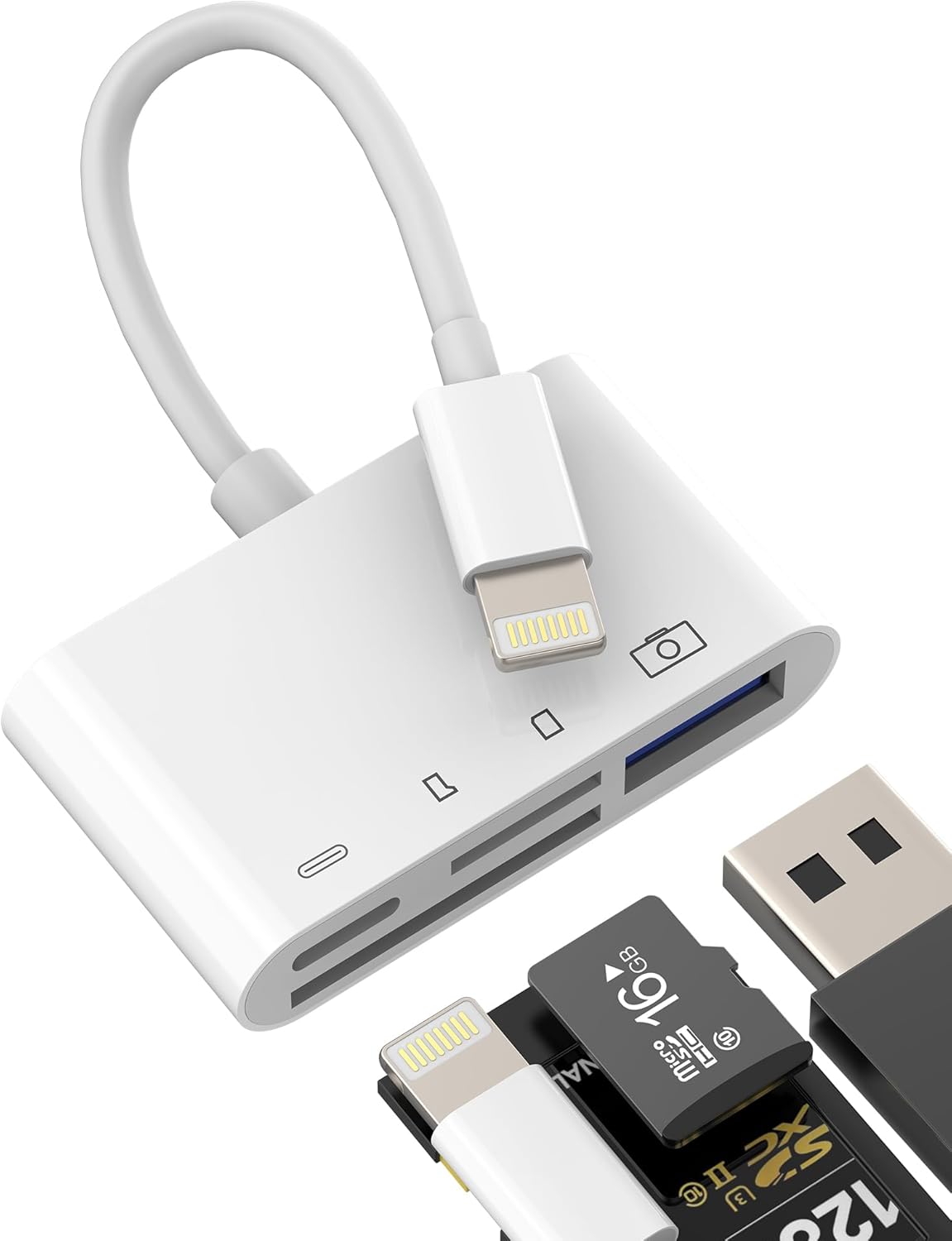 Lightning to USB Adapter 4 in 1 Micro SD Card Reader for iPhone 14 13 12 Pro Max for iPad Digital Camera Photo Memory OTG Cable for Apple TF Memory Card Reader Adapter Multiport Accessories