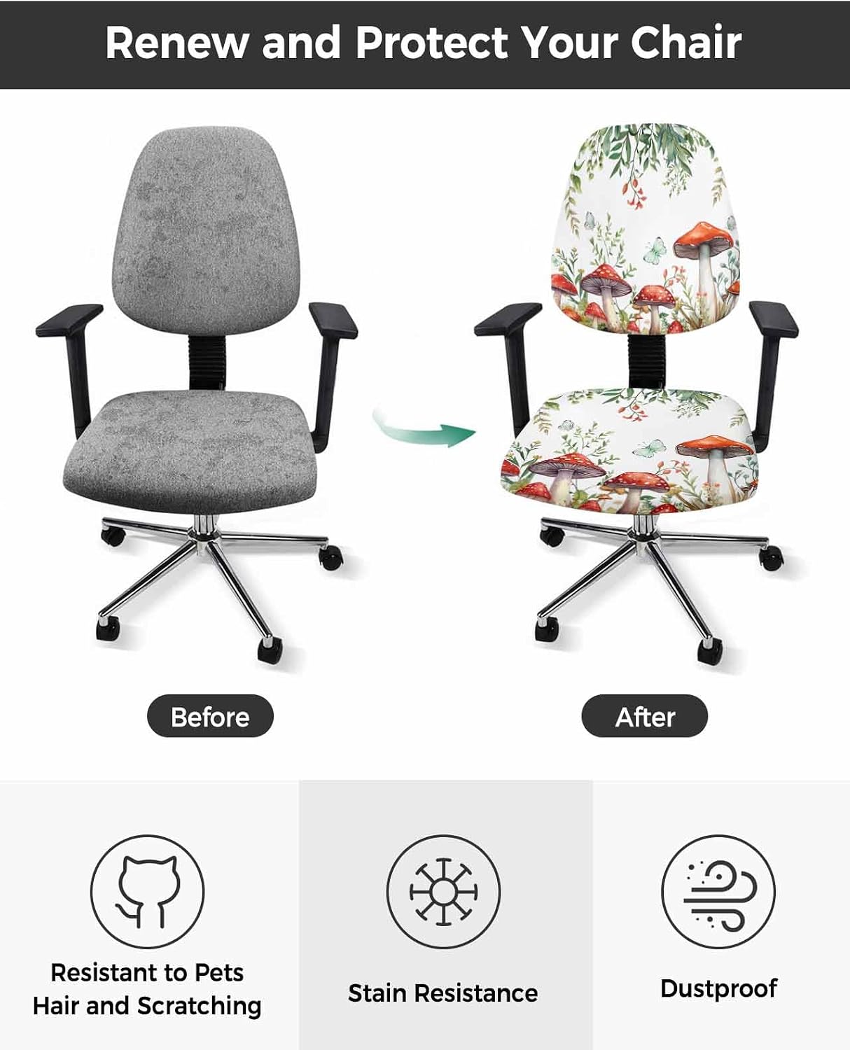 Mushroom Eucalyptus Office Chair Cover 2 Piece, Green Leaves Flower Herb White Stretch Elastic Computer Desk Rotating Chair Seat Back Covers, Stretchable Chair Slipcover Protectors Cover
