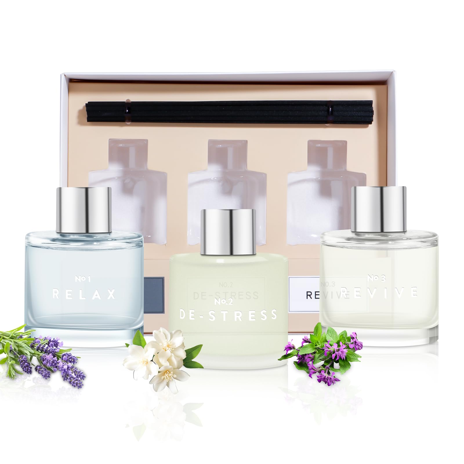 3 Pack Fragrance Reed Diffuser, 50ML Lavender Jasmine Patchouli Aromatherapy Diffuser Set with 12 Black Fiber Sticks,Air Freshener for Bedroom Bathroom Office, 8.2X 6.6X 2.1 inch