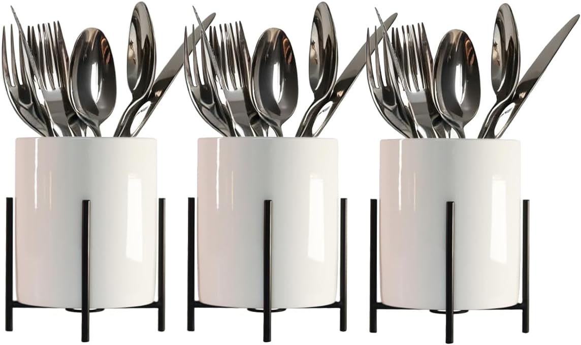 Kitchen Utensil Holder,White Ceramic Silverware Caddy With Golden Metal Frame Chic & Modern Kitchen Cooking