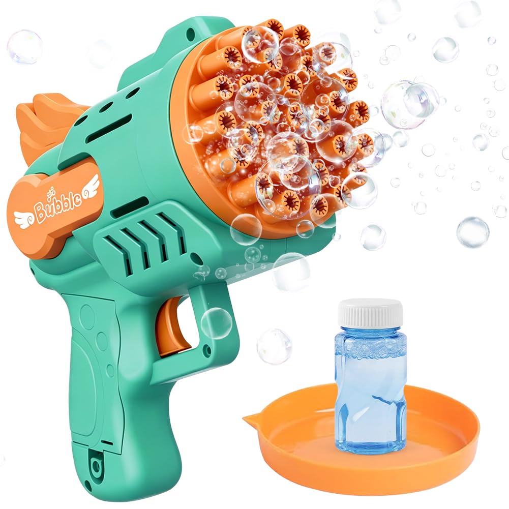 Yrpacfb Unisex Kids Green Bubble Machine For Kids, 29 Holes Bubble Guns For Kids, Bubbles Maker For Toddlers With 1 Bottles Solution, For Outdoor Garden Party Wedding Gift