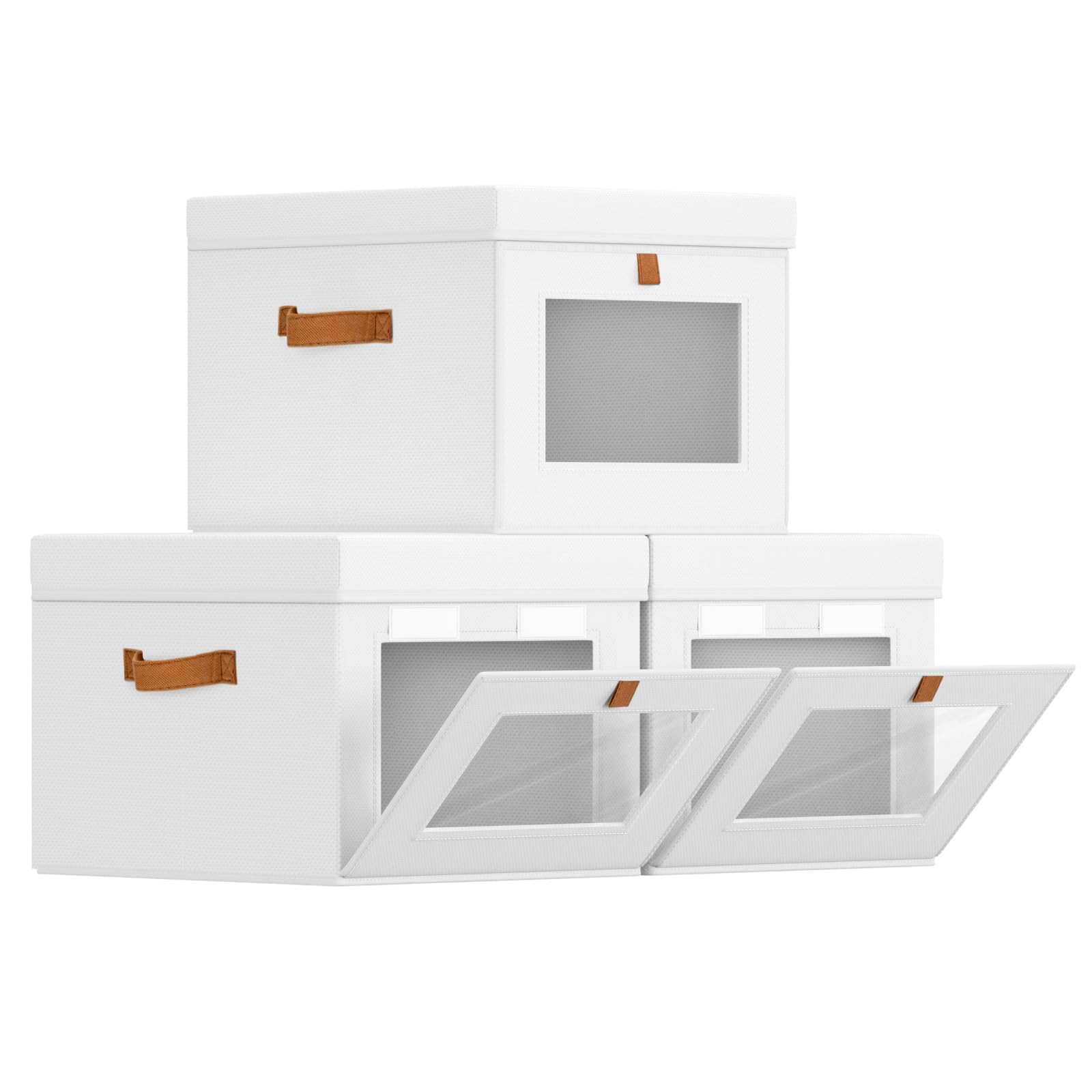 Homsorout Storage Bins with Lid – Closet Organizer with Side Opening and Clear Window, Foldable Stackable Fabric Basket for Clothes, Home, Office - 13.77" x 11.8" x 9.8", 3 Pack, White