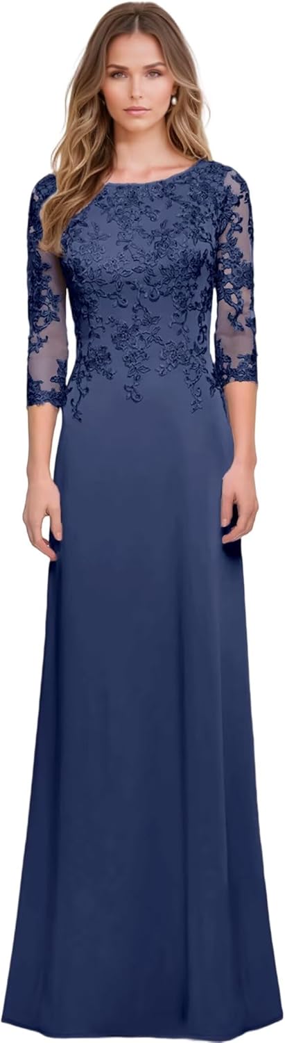 Scoop Neck Chiffon Mother of The Bride Dresses for Women 3/4 Sleeves Lace Applique Dressy Mother of The Groom Dresses